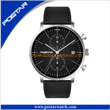 Black Dial Chronograph Watch with Genuine Leather Band